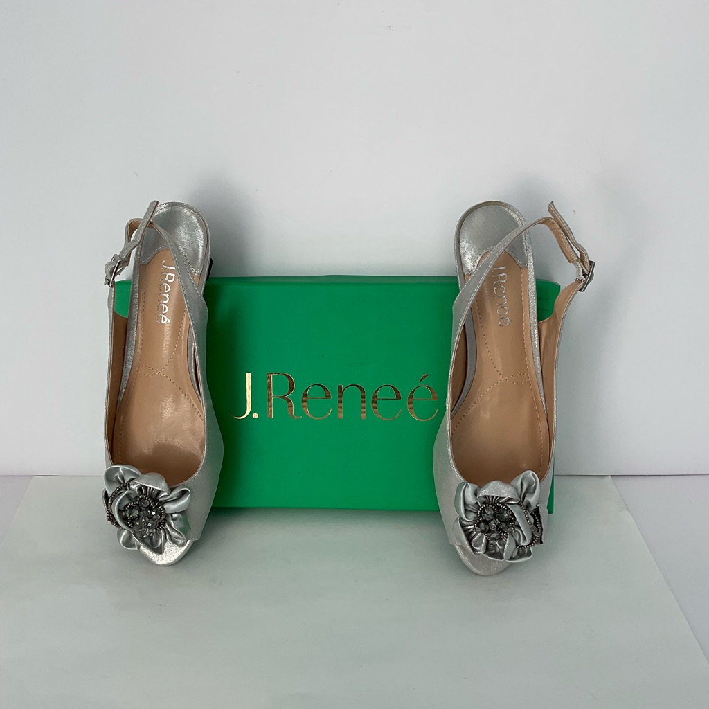 J.Renee Leonelle Silver Satin Slingback Heels With Bow